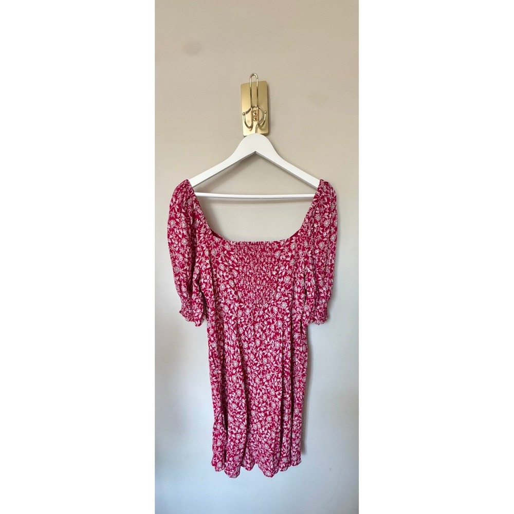 Madewell Red‎ Floral Puff Sleeve Smocked Mini Dress Size 14 Sweetheart Neck - Picture 4 of 8